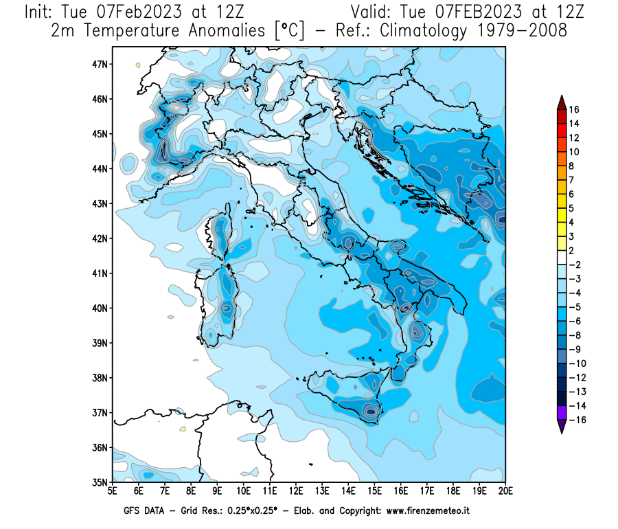 Mappa di analisi GFS - Anomalia Temperatura [°C] a 2 m in Italia
							del 07/02/2023 12 <!--googleoff: index-->UTC<!--googleon: index-->