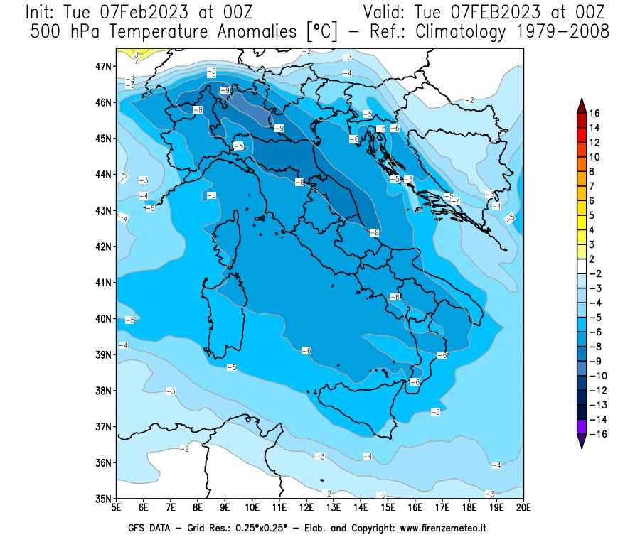 Mappa di analisi GFS - Anomalia Temperatura [°C] a 500 hPa in Italia
							del 07/02/2023 00 <!--googleoff: index-->UTC<!--googleon: index-->