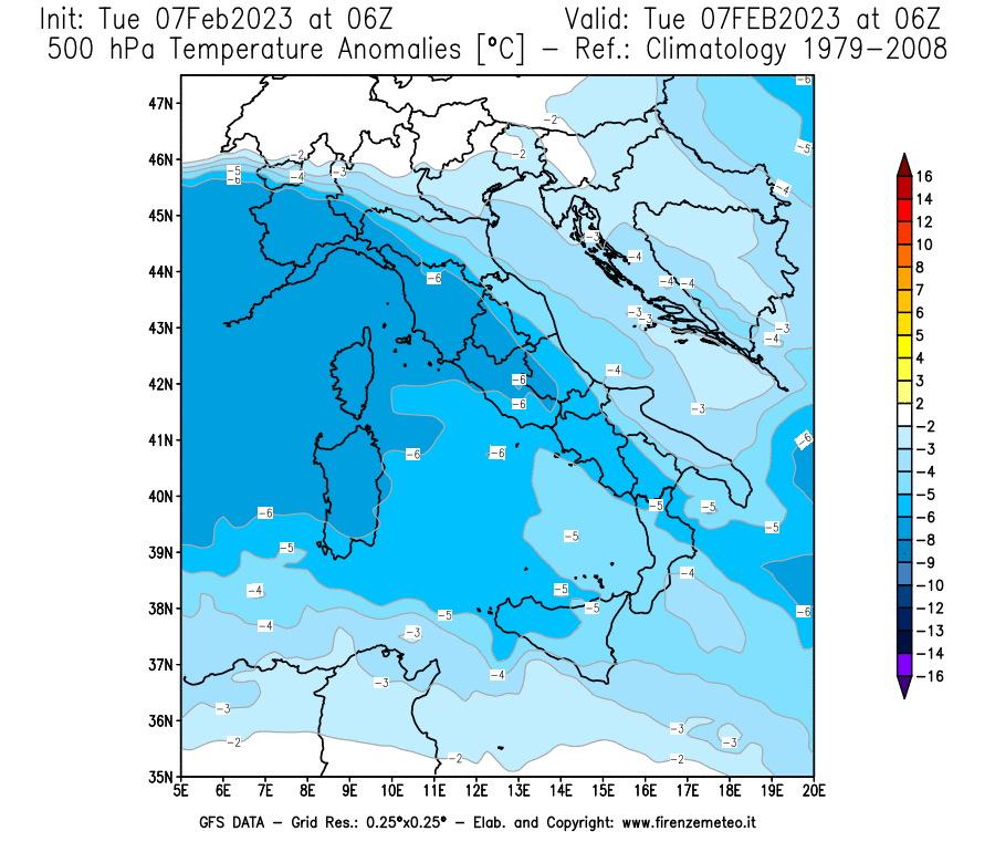 Mappa di analisi GFS - Anomalia Temperatura [°C] a 500 hPa in Italia
							del 07/02/2023 06 <!--googleoff: index-->UTC<!--googleon: index-->