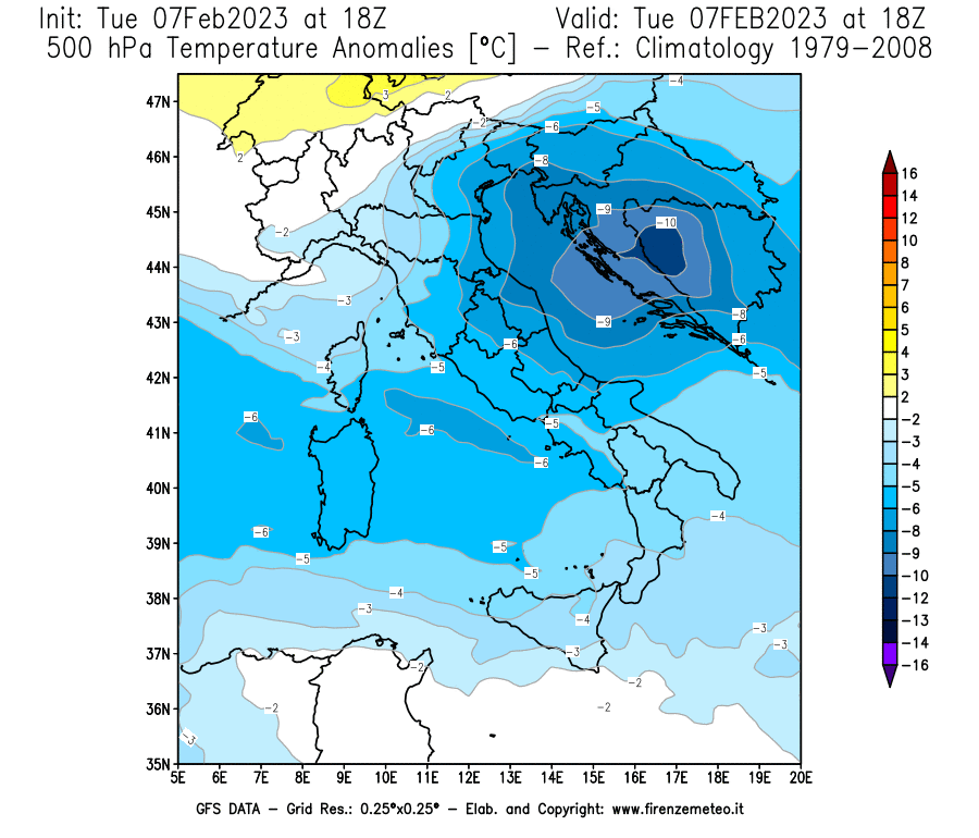 Mappa di analisi GFS - Anomalia Temperatura a 500 hPa in Italia
							del 7 febbraio 2023 z18