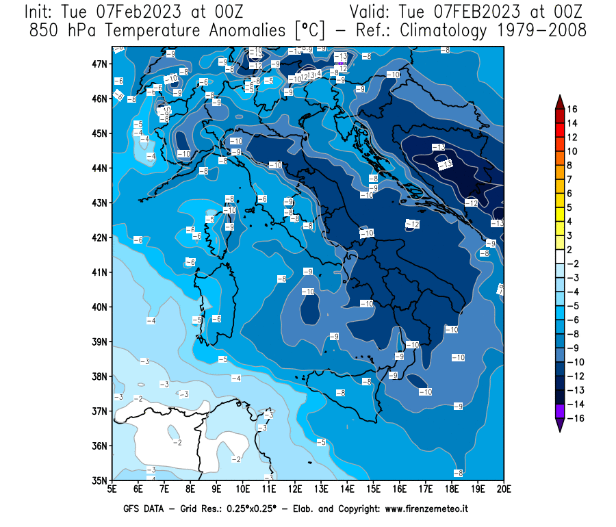 Mappa di analisi GFS - Anomalia Temperatura a 850 hPa in Italia
							del 7 febbraio 2023 z00