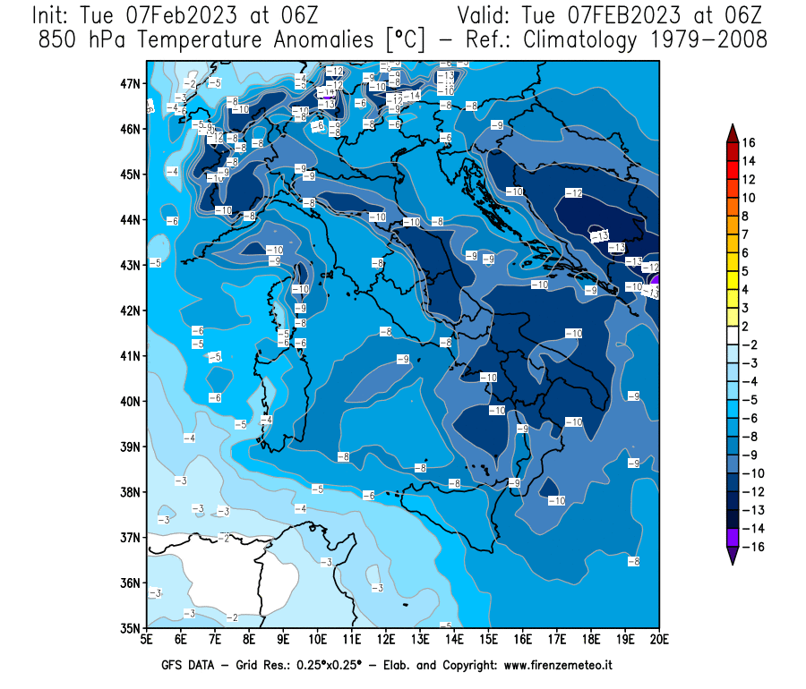 Mappa di analisi GFS - Anomalia Temperatura a 850 hPa in Italia
							del 7 febbraio 2023 z06
