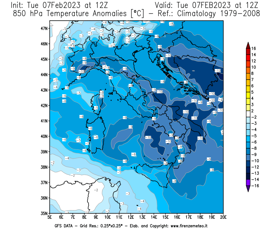 Mappa di analisi GFS - Anomalia Temperatura [°C] a 850 hPa in Italia
							del 07/02/2023 12 <!--googleoff: index-->UTC<!--googleon: index-->