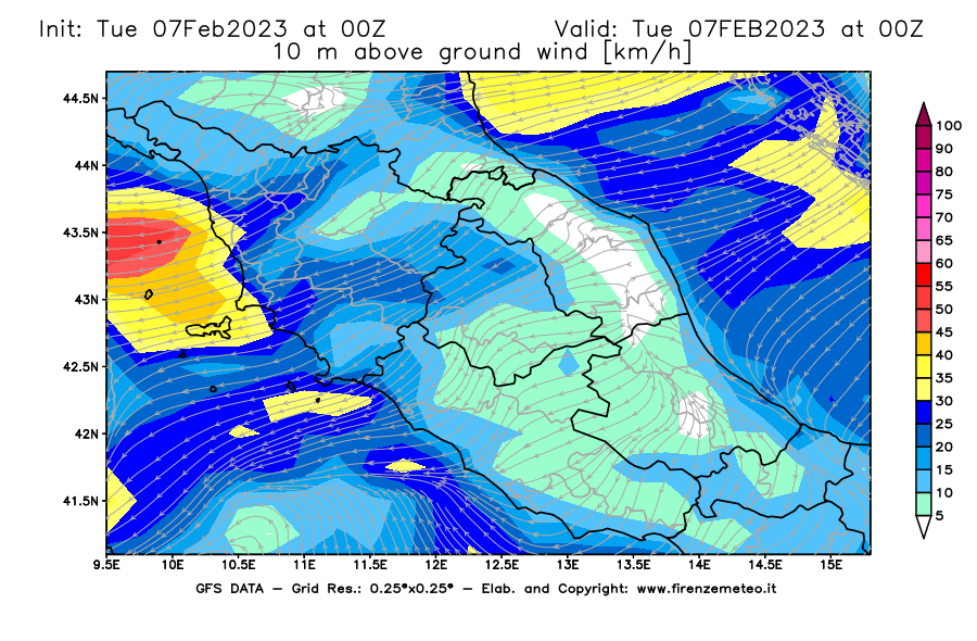 Mappa di analisi GFS - Velocità del vento a 10 metri dal suolo [km/h] in Centro-Italia
							del 07/02/2023 00 <!--googleoff: index-->UTC<!--googleon: index-->