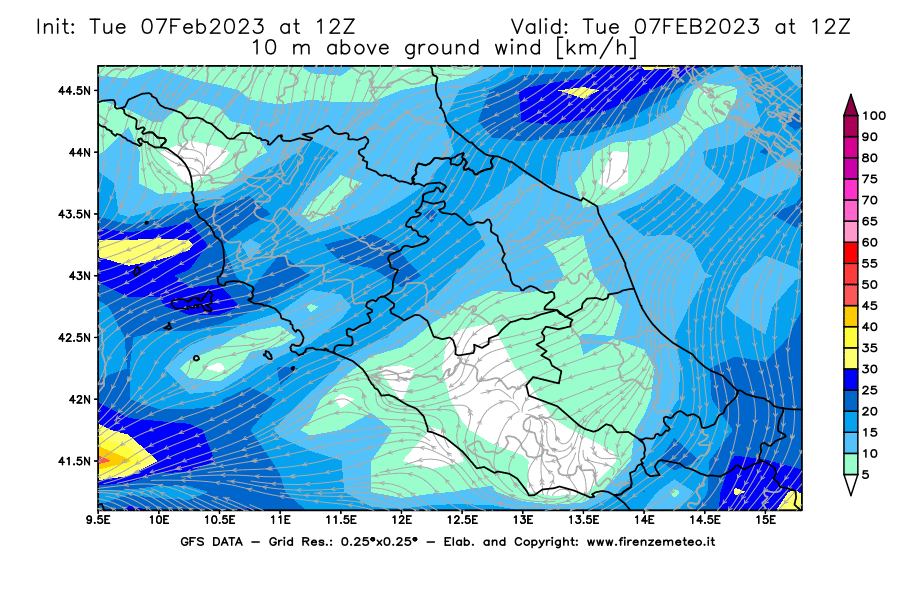 Mappa di analisi GFS - Velocità del vento a 10 metri dal suolo [km/h] in Centro-Italia
							del 07/02/2023 12 <!--googleoff: index-->UTC<!--googleon: index-->