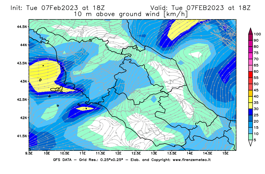 Mappa di analisi GFS - Velocità del vento a 10 metri dal suolo in Centro-Italia
							del 7 febbraio 2023 z18