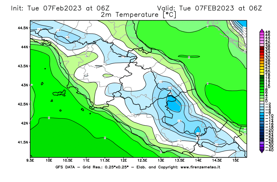 Mappa di analisi GFS - Temperatura a 2 metri dal suolo [°C] in Centro-Italia
							del 07/02/2023 06 <!--googleoff: index-->UTC<!--googleon: index-->