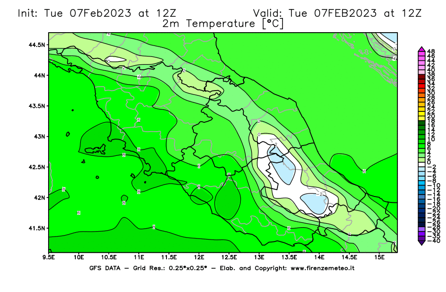 Mappa di analisi GFS - Temperatura a 2 metri dal suolo [°C] in Centro-Italia
							del 07/02/2023 12 <!--googleoff: index-->UTC<!--googleon: index-->