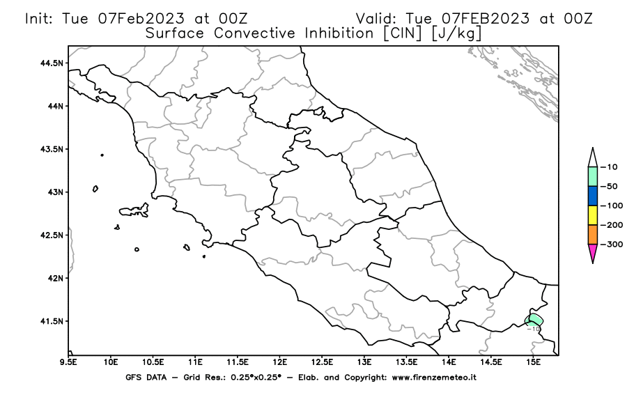 Mappa di analisi GFS - CIN [J/kg] in Centro-Italia
							del 07/02/2023 00 <!--googleoff: index-->UTC<!--googleon: index-->