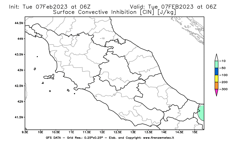 Mappa di analisi GFS - CIN [J/kg] in Centro-Italia
							del 07/02/2023 06 <!--googleoff: index-->UTC<!--googleon: index-->
