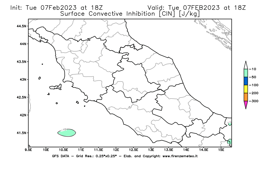 Mappa di analisi GFS - CIN [J/kg] in Centro-Italia
							del 07/02/2023 18 <!--googleoff: index-->UTC<!--googleon: index-->