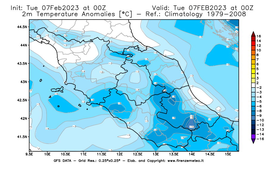 Mappa di analisi GFS - Anomalia Temperatura [°C] a 2 m in Centro-Italia
							del 07/02/2023 00 <!--googleoff: index-->UTC<!--googleon: index-->