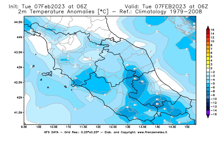 Mappa di analisi GFS - Anomalia Temperatura a 2 m in Centro-Italia
							del 7 febbraio 2023 z06