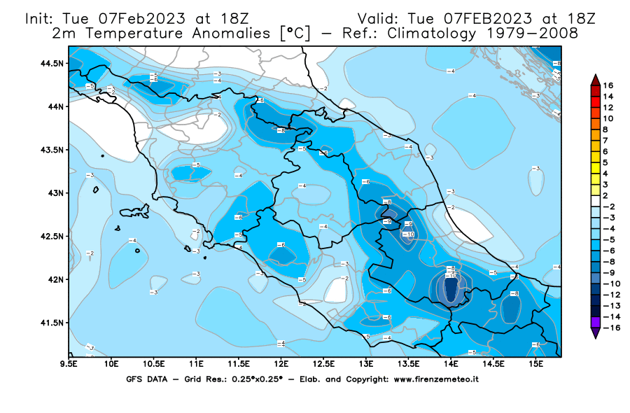 Mappa di analisi GFS - Anomalia Temperatura [°C] a 2 m in Centro-Italia
							del 07/02/2023 18 <!--googleoff: index-->UTC<!--googleon: index-->