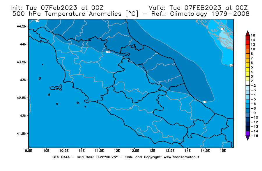 Mappa di analisi GFS - Anomalia Temperatura [°C] a 500 hPa in Centro-Italia
							del 07/02/2023 00 <!--googleoff: index-->UTC<!--googleon: index-->