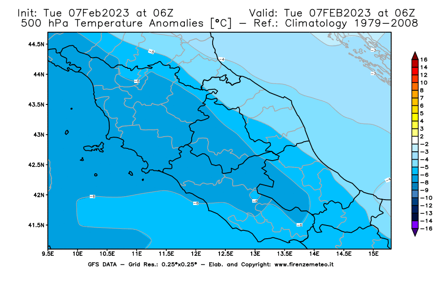 Mappa di analisi GFS - Anomalia Temperatura [°C] a 500 hPa in Centro-Italia
							del 07/02/2023 06 <!--googleoff: index-->UTC<!--googleon: index-->