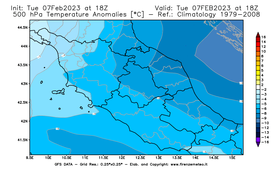 Mappa di analisi GFS - Anomalia Temperatura [°C] a 500 hPa in Centro-Italia
							del 07/02/2023 18 <!--googleoff: index-->UTC<!--googleon: index-->
