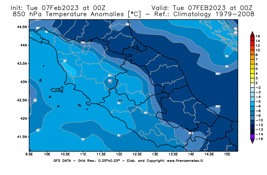 Mappa di analisi GFS - Anomalia Temperatura [°C] a 850 hPa in Centro-Italia
							del 07/02/2023 00 <!--googleoff: index-->UTC<!--googleon: index-->