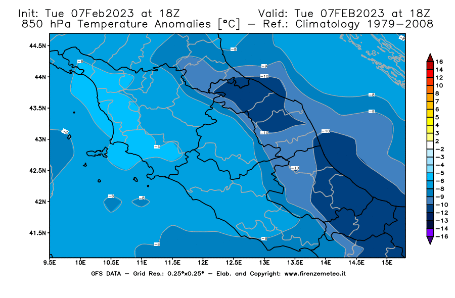 Mappa di analisi GFS - Anomalia Temperatura [°C] a 850 hPa in Centro-Italia
							del 07/02/2023 18 <!--googleoff: index-->UTC<!--googleon: index-->