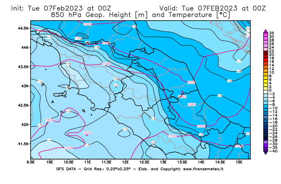 Mappa di analisi GFS - Geopotenziale [m] e Temperatura [°C] a 850 hPa in Centro-Italia
							del 07/02/2023 00 <!--googleoff: index-->UTC<!--googleon: index-->