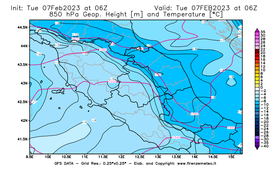 Mappa di analisi GFS - Geopotenziale [m] e Temperatura [°C] a 850 hPa in Centro-Italia
							del 07/02/2023 06 <!--googleoff: index-->UTC<!--googleon: index-->