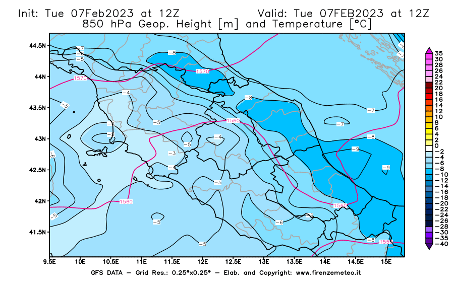 Mappa di analisi GFS - Geopotenziale [m] e Temperatura [°C] a 850 hPa in Centro-Italia
							del 07/02/2023 12 <!--googleoff: index-->UTC<!--googleon: index-->