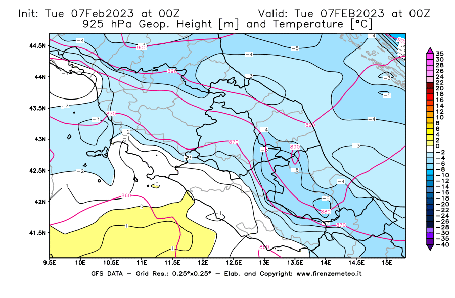 Mappa di analisi GFS - Geopotenziale [m] e Temperatura [°C] a 925 hPa in Centro-Italia
							del 07/02/2023 00 <!--googleoff: index-->UTC<!--googleon: index-->