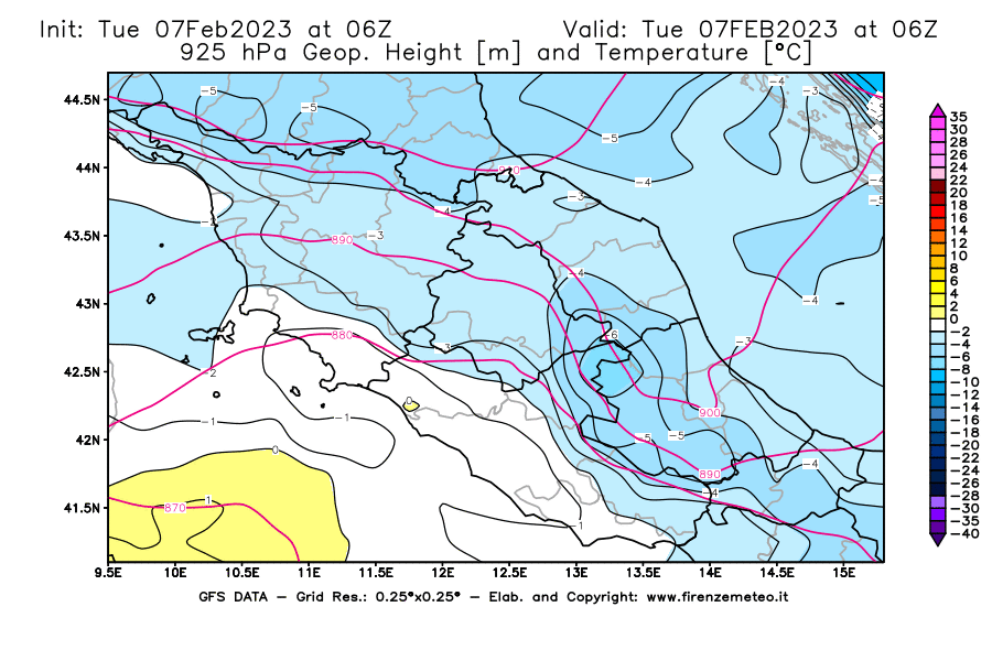 Mappa di analisi GFS - Geopotenziale [m] e Temperatura [°C] a 925 hPa in Centro-Italia
							del 07/02/2023 06 <!--googleoff: index-->UTC<!--googleon: index-->