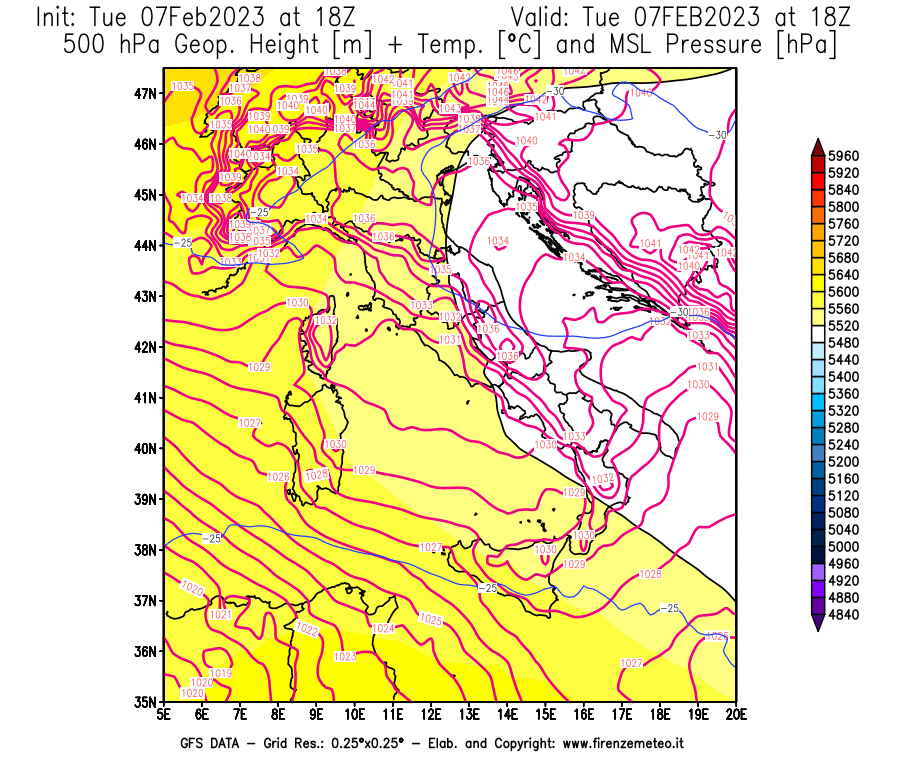 Mappa di analisi GFS - Geopotenziale [m] + Temp. [°C] a 500 hPa + Press. a livello del mare [hPa] in Italia
							del 07/02/2023 18 <!--googleoff: index-->UTC<!--googleon: index-->