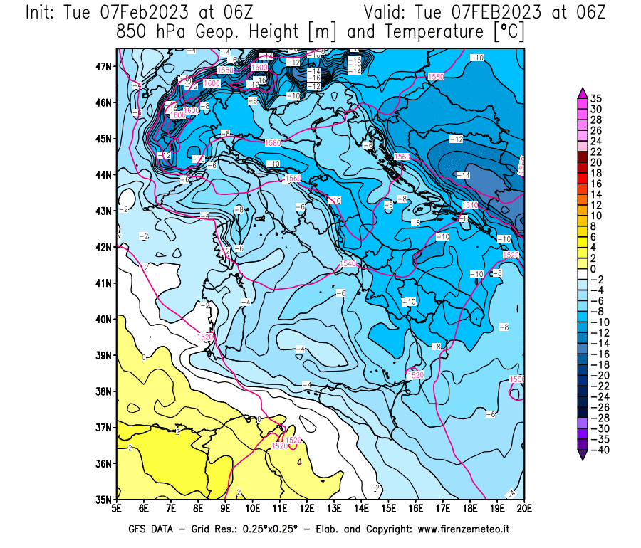 Mappa di analisi GFS - Geopotenziale [m] e Temperatura [°C] a 850 hPa in Italia
							del 07/02/2023 06 <!--googleoff: index-->UTC<!--googleon: index-->