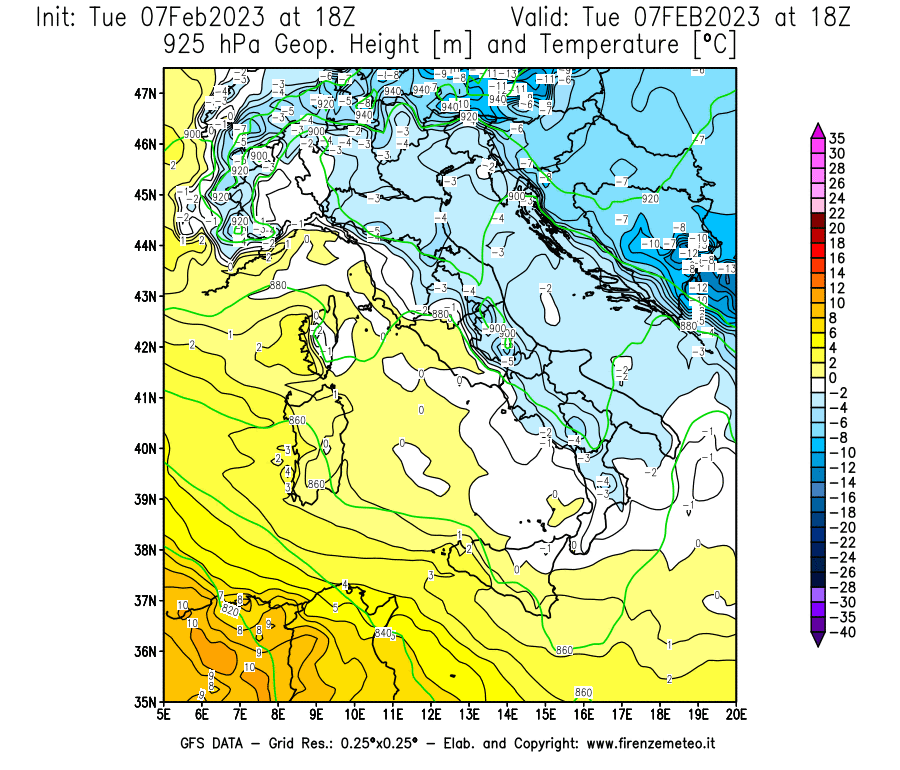 Mappa di analisi GFS - Geopotenziale [m] e Temperatura [°C] a 925 hPa in Italia
							del 07/02/2023 18 <!--googleoff: index-->UTC<!--googleon: index-->