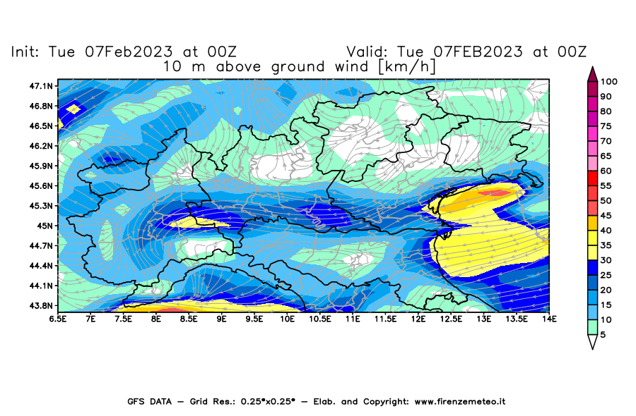 Mappa di analisi GFS - Velocità del vento a 10 metri dal suolo [km/h] in Nord-Italia
							del 07/02/2023 00 <!--googleoff: index-->UTC<!--googleon: index-->