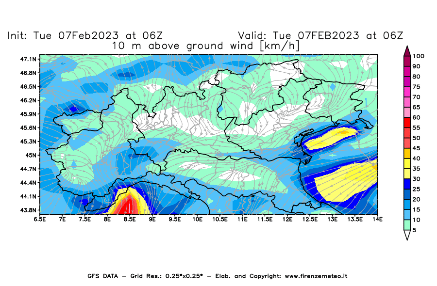 Mappa di analisi GFS - Velocità del vento a 10 metri dal suolo [km/h] in Nord-Italia
							del 07/02/2023 06 <!--googleoff: index-->UTC<!--googleon: index-->