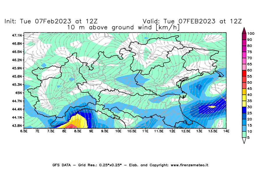 Mappa di analisi GFS - Velocità del vento a 10 metri dal suolo [km/h] in Nord-Italia
							del 07/02/2023 12 <!--googleoff: index-->UTC<!--googleon: index-->