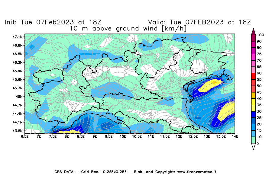 Mappa di analisi GFS - Velocità del vento a 10 metri dal suolo [km/h] in Nord-Italia
							del 07/02/2023 18 <!--googleoff: index-->UTC<!--googleon: index-->