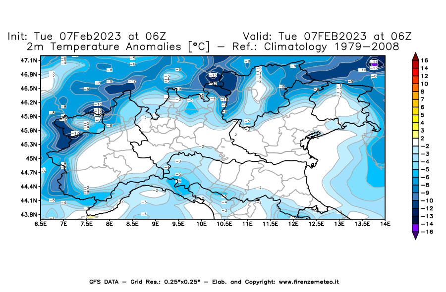 Mappa di analisi GFS - Anomalia Temperatura [°C] a 2 m in Nord-Italia
							del 07/02/2023 06 <!--googleoff: index-->UTC<!--googleon: index-->