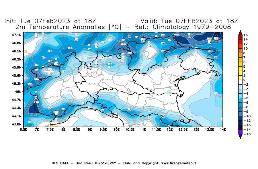 Mappa di analisi GFS - Anomalia Temperatura [°C] a 2 m in Nord-Italia
							del 07/02/2023 18 <!--googleoff: index-->UTC<!--googleon: index-->