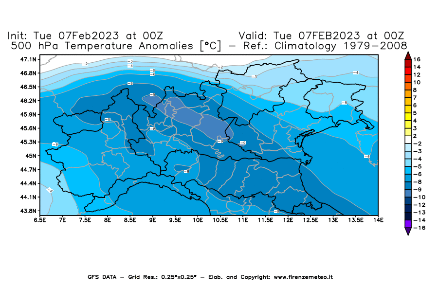 Mappa di analisi GFS - Anomalia Temperatura [°C] a 500 hPa in Nord-Italia
							del 07/02/2023 00 <!--googleoff: index-->UTC<!--googleon: index-->