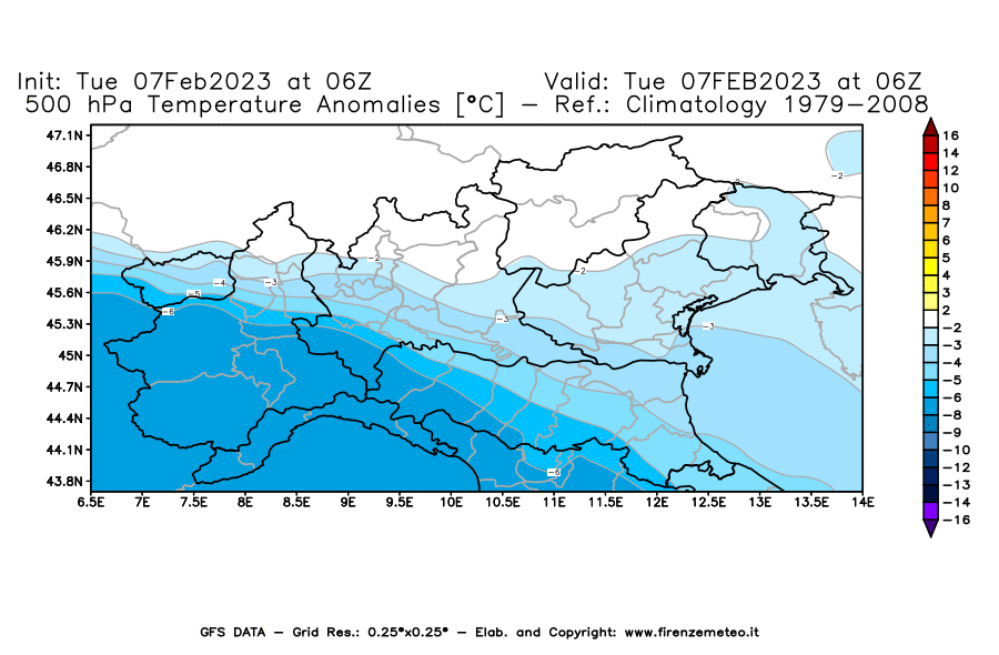 Mappa di analisi GFS - Anomalia Temperatura [°C] a 500 hPa in Nord-Italia
							del 07/02/2023 06 <!--googleoff: index-->UTC<!--googleon: index-->