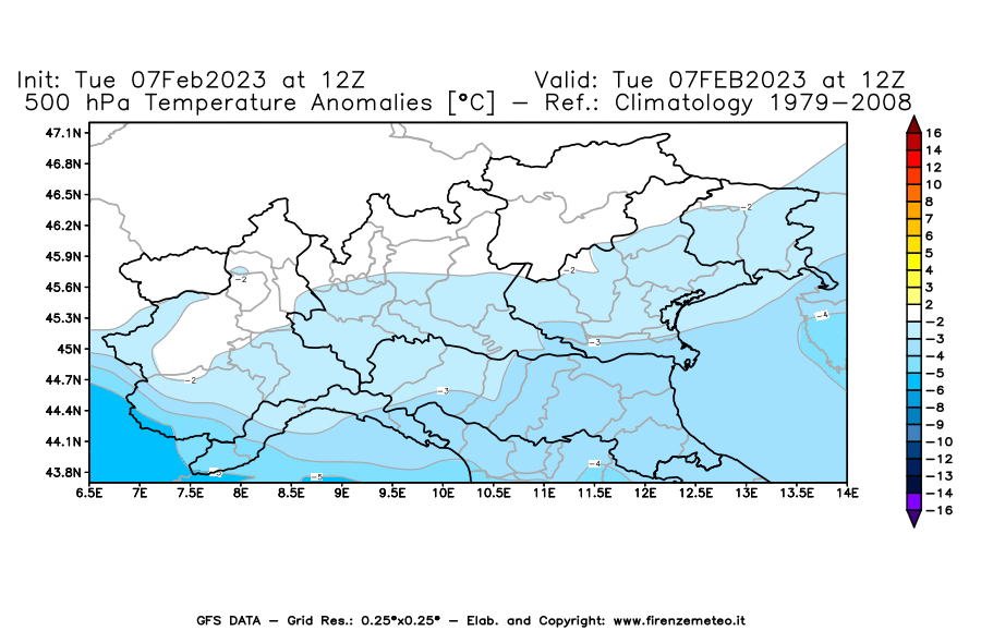 Mappa di analisi GFS - Anomalia Temperatura a 500 hPa in Nord-Italia
							del 7 febbraio 2023 z12