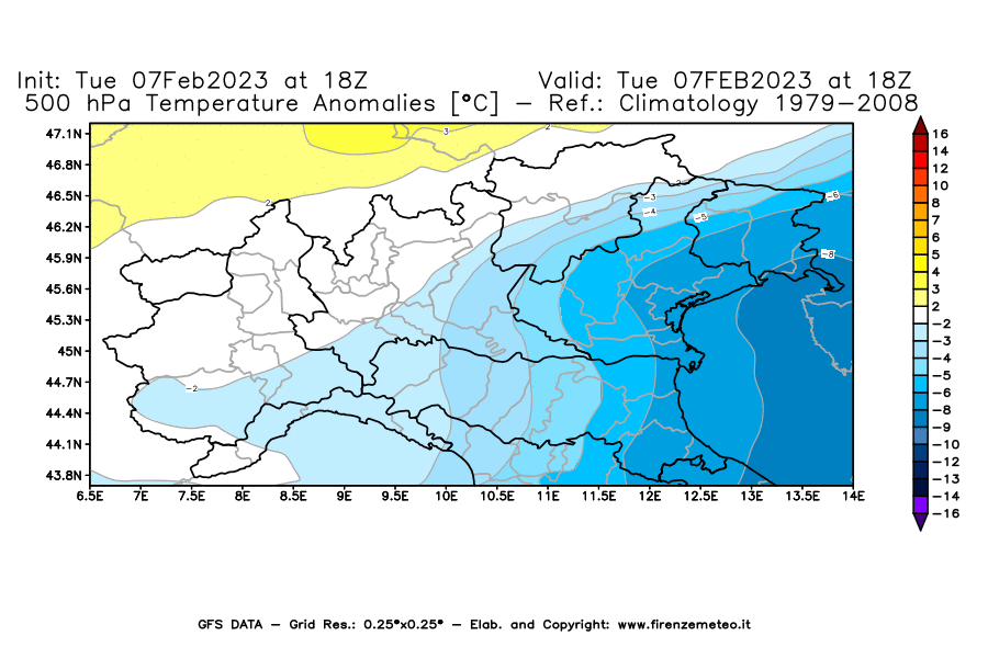 Mappa di analisi GFS - Anomalia Temperatura [°C] a 500 hPa in Nord-Italia
							del 07/02/2023 18 <!--googleoff: index-->UTC<!--googleon: index-->