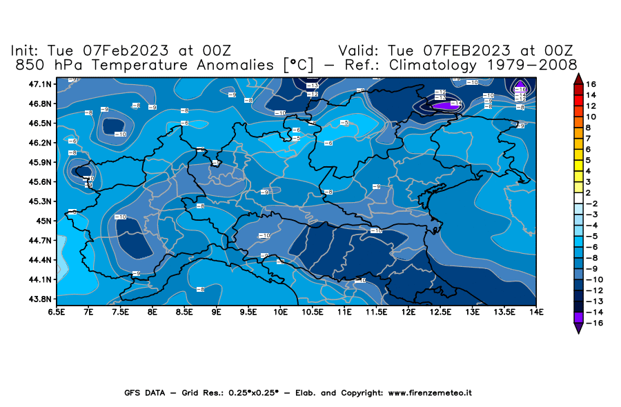 Mappa di analisi GFS - Anomalia Temperatura [°C] a 850 hPa in Nord-Italia
							del 07/02/2023 00 <!--googleoff: index-->UTC<!--googleon: index-->