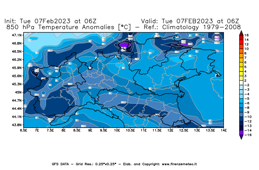 Mappa di analisi GFS - Anomalia Temperatura [°C] a 850 hPa in Nord-Italia
							del 07/02/2023 06 <!--googleoff: index-->UTC<!--googleon: index-->