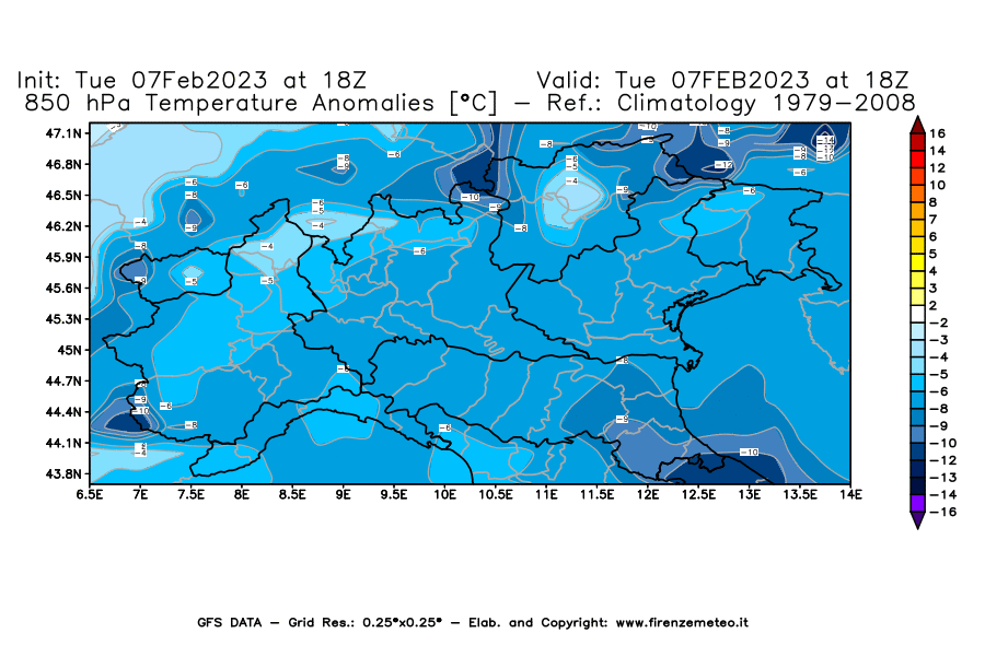 Mappa di analisi GFS - Anomalia Temperatura [°C] a 850 hPa in Nord-Italia
							del 07/02/2023 18 <!--googleoff: index-->UTC<!--googleon: index-->