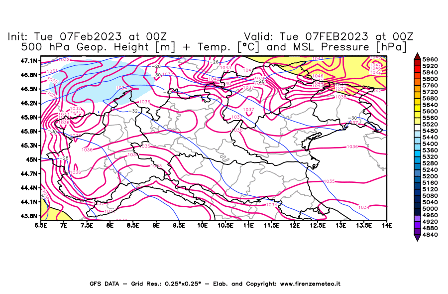 Mappa di analisi GFS - Geopotenziale [m] + Temp. [°C] a 500 hPa + Press. a livello del mare [hPa] in Nord-Italia
							del 07/02/2023 00 <!--googleoff: index-->UTC<!--googleon: index-->