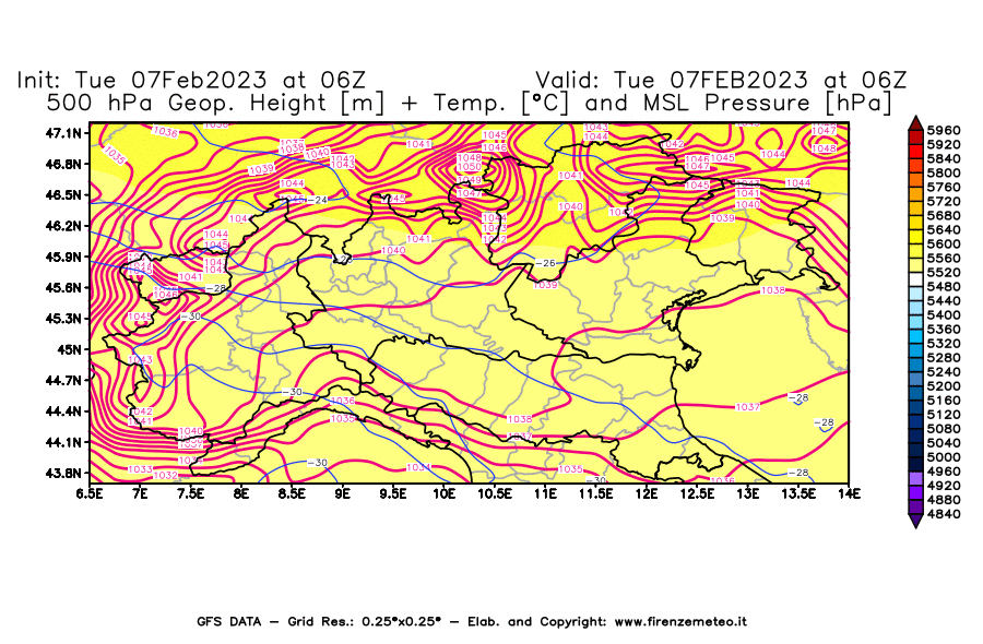 Mappa di analisi GFS - Geopotenziale [m] + Temp. [°C] a 500 hPa + Press. a livello del mare [hPa] in Nord-Italia
							del 07/02/2023 06 <!--googleoff: index-->UTC<!--googleon: index-->