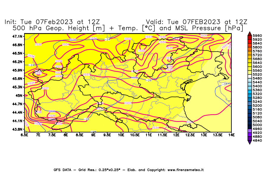 Mappa di analisi GFS - Geopotenziale [m] + Temp. [°C] a 500 hPa + Press. a livello del mare [hPa] in Nord-Italia
							del 07/02/2023 12 <!--googleoff: index-->UTC<!--googleon: index-->