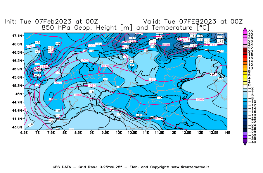Mappa di analisi GFS - Geopotenziale [m] e Temperatura [°C] a 850 hPa in Nord-Italia
							del 07/02/2023 00 <!--googleoff: index-->UTC<!--googleon: index-->