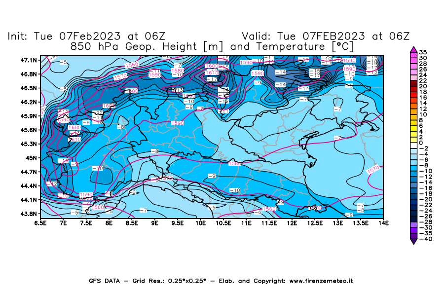 Mappa di analisi GFS - Geopotenziale [m] e Temperatura [°C] a 850 hPa in Nord-Italia
							del 07/02/2023 06 <!--googleoff: index-->UTC<!--googleon: index-->