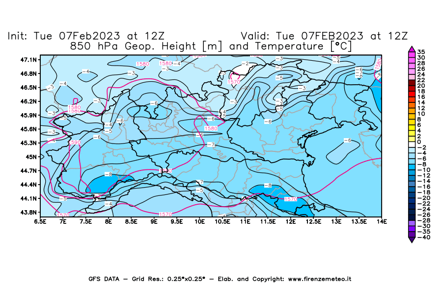Mappa di analisi GFS - Geopotenziale [m] e Temperatura [°C] a 850 hPa in Nord-Italia
							del 07/02/2023 12 <!--googleoff: index-->UTC<!--googleon: index-->